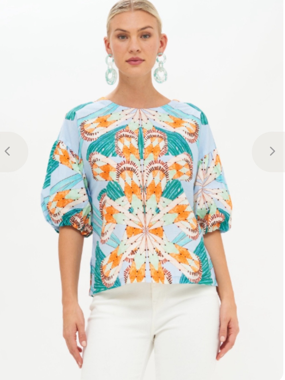 OLIPHANT  Palmetto Cotton Geometric Printed Boxy Top Light Blue, Teal Orange XS